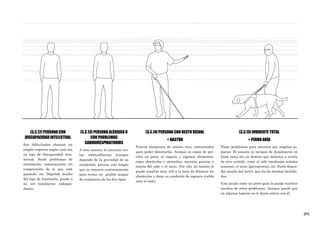 [31]
[3.3.12] PERSONA CON
DISCAPACIDAD INTELECTUAL
Sus dificultades abarcan un
amplio espectro según cual sea
su tipo de discapacidad inte-
lectual. Suele problemas de
orientación, comunicación y/o
comprensión de lo que está
pasando, etc. Depende mucho
del tipo de limitación, puede o
no ser totalmente indepen-
diente.
[3.3.13] PERSONA ALÉRGICA O
CON PROBLEMAS
CARDIORESPIRATORIOS
A este usuario le conviene evi-
tar sobreesfuerzos (aunque
depende de la gravedad de su
condición), precisa aire limpio
que se renueve continuamente
para evitar un posible ataque
de cualquiera de los dos tipos.
[3.3.14] PERSONA CON RESTO VISUAL
+ BASTÓN
Precisa elementos de colores muy contrastados
para poder detectarlos. Aunque es capaz de per-
cibir en parte el espacio y algunos elementos,
como obstáculos o utensilios, necesita guiarse a
través del oído o el tacto. Por ello un bastón le
puede resultar muy útil a la hora de detectar los
obstáculos y dejar su condición de ceguera visible
ante el resto.
[3.3.15] INVIDENTE TOTAL
+ PERRO GRÍA
Tiene problemas para moverse por amplios es-
pacios. El usuario es incapaz de desplazarse en
línea recta sin un destino que detectar a través
de otro sentido, como el oído (mediante señales
sonoras), el tacto (pavimentos), etc. Suele depen-
der mucho del móvil, que les da muchas facilida-
des.
Una ayuda como un perro guía le puede resolver
muchos de estos problemas. Aunque puede que
en algunos lugares no le dejen entrar con él.
 