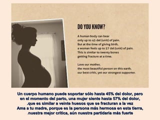 Un cuerpo humano puede soportar sólo hasta 45% del dolor, pero
en el momento del parto, una mujer siente hasta 57% del dolor,
.que es similar a veinte huesos que se fracturan a la vez
Ama a tu madre, porque es la persona más hermosa en esta tierra,
.nuestra mejor crítica, aún nuestra partidaria más fuerte