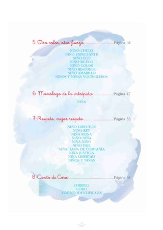 10
5 Otro color, otra fuerza:............................Página 41
NIÑO CHULO
NIÑO EXPECTANTE
NIÑO ECO
NIÑO RE-ECO
NIÑO COLOR
NIÑO RE-COLOR
NIÑO AMARILLO
NIÑOS Y NIÑAS VOCINGLEROS
6 Monólogo de la intrépida:...................Página 47
NIÑA
7 Respeto, mejor respeto.............................Página 53
NIÑO DIRECTOR
NIÑO REY
NIÑA REINA
NIÑO-NIÑA
NIÑA-NIÑO
NIÑO PAJE
NIÑA DAMA DE COMPAÑÍA
NIÑA JUSTICIA
NIÑA LIBERTAD
NIÑOS Y NIÑAS
8 Canto de Coro:...........................................Página 61
CORIFEO
CORO
VOZ NO IDENTIFICADA
INICIO
 