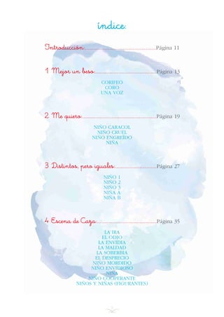 9
Introducción:.................................................Página 11
1 Mejor un beso:...........................................Página 13
CORIFEO
CORO
UNA VOZ
2 Me quiero:...................................................Página 19
NIÑO CARACOL
NIÑO CRUEL
NIÑO ENGREÍDO
NIÑA
3 Distintos, pero iguales:.............................Página 27
NIÑO 1
NIÑO 2
NIÑO 3
NIÑA A
NIÑA B
4 Escena de Caza:..........................................Página 35
LA IRA
EL ODIO
LA ENVIDIA
LA MALDAD
LA SOBERBIA
EL DESPRECIO
NIÑO MORDIDO
NIÑO ENVIDIOSO
NIÑA
NIÑO COOPERANTE
NIÑOS Y NIÑAS (FIGURANTES)
índice:
INICIO
 