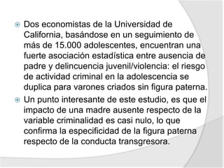  Dos economistas de la Universidad de
California, basándose en un seguimiento de
más de 15.000 adolescentes, encuentran una
fuerte asociación estadística entre ausencia de
padre y delincuencia juvenil/violencia: el riesgo
de actividad criminal en la adolescencia se
duplica para varones criados sin figura paterna.
 Un punto interesante de este estudio, es que el
impacto de una madre ausente respecto de la
variable criminalidad es casi nulo, lo que
confirma la especificidad de la figura paterna
respecto de la conducta transgresora.
 