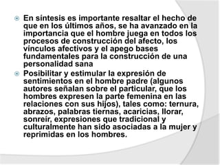  En síntesis es importante resaltar el hecho de
que en los últimos años, se ha avanzado en la
importancia que el hombre juega en todos los
procesos de construcción del afecto, los
vínculos afectivos y el apego bases
fundamentales para la construcción de una
personalidad sana
 Posibilitar y estimular la expresión de
sentimientos en el hombre padre (algunos
autores señalan sobre el particular, que los
hombres expresen la parte femenina en las
relaciones con sus hijos), tales como: ternura,
abrazos, palabras tiernas, acaricias, llorar,
sonreír, expresiones que tradicional y
culturalmente han sido asociadas a la mujer y
reprimidas en los hombres.
 