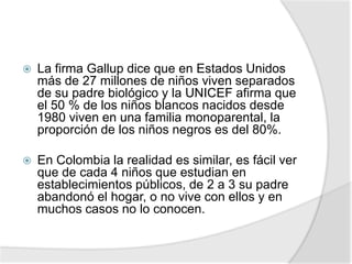  La firma Gallup dice que en Estados Unidos
más de 27 millones de niños viven separados
de su padre biológico y la UNICEF afirma que
el 50 % de los niños blancos nacidos desde
1980 viven en una familia monoparental, la
proporción de los niños negros es del 80%.
 En Colombia la realidad es similar, es fácil ver
que de cada 4 niños que estudian en
establecimientos públicos, de 2 a 3 su padre
abandonó el hogar, o no vive con ellos y en
muchos casos no lo conocen.
 