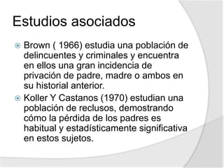 Estudios asociados
 Brown ( 1966) estudia una población de
delincuentes y criminales y encuentra
en ellos una gran incidencia de
privación de padre, madre o ambos en
su historial anterior.
 Koller Y Castanos (1970) estudian una
población de reclusos, demostrando
cómo la pérdida de los padres es
habitual y estadísticamente significativa
en estos sujetos.
 
