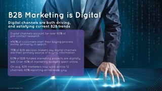 B2B Marketing is Digital 
Digital channels are both driving, 
and satisfying current B2B trends 
Digital channels account for over 80% of 
pre-contact research. 
+90% of customers start their buying process 
online, primarily in search 
75% of B2B decision makers say digital channels 
are their primary source of buying information 
60% of B2B-funded marketing projects are digitally 
led. Over 40% of marketing budgets spent online 
On avg. B2B marketers now work across 12 
channels. 65% reporting an increase y.o.y. 
Sources: Google, CMI. 
 