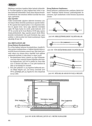 406
Dikdörtgen temizleme kapaklar› bütün hatlarda kullan›labi-
lir. Yuvarlak kapaklar ise sadece ba¤lant› hatt›, kolon ve top-
lama hatlar›nda kullan›labilir. Zemin alt›na döﬂenen borular-
da kullan›lacak olan temizleme delikleri üzerinde birer kuru
rögar yap›lmal›d›r.
A¤aç Izgaralar›
Cadde kenarlar›ndaki a¤açlar›n diplerinin korunmas› için,
özel alaﬂ›m dökme demirden paslanmayan ›zgaralar kullan›-
l›r. Bu ›zgaralar hem toprak kayb›n› ve toz oluﬂumunu önler,
hem de a¤açlar› korur. Ayr›ca a¤aç diplerinin temizli¤ini
sa¤lar. Bir baﬂka faydas› da estetik aç›dan katk›s›d›r. ﬁekil
492’de yuvarlak tip bir Is›san Buderus GUSS a¤aç ›zgaras›
örne¤i görülmektedir. A¤aç ›zgaralar› parçal› olarak dökme
demirden üretilmektedir. Çok çeﬂitli formlarda olup, ›zgara
aral›klar› ve dolu k›s›mlar› özel olarak tasarlanm›ﬂt›r. Izgara
yüksekli¤i 40 mm.’dir.
18.4. DRENAJ HATLARI
Drenaj Hatt›n›n Havaland›r›lmas›
Pis su bina ba¤lant› hatlar›n›n havaland›r›lmas›, kanalda bi-
riken gazlar›n uzaklaﬂt›r›lmas› ve ba¤lant› hatt›nda daima at-
mosferik bas›nc›n korunmas› amac›n› taﬂ›r. E¤er kanal içeri-
sinde vakum veya s›k›ﬂma olursa, rögardaki suyla sa¤lanan
s›zd›rmazl›k kaybolur ve koku binaya ve d›ﬂar› yay›l›r.
1. Havaland›rman›n birinci yöntemi yaﬂ rögar kullanmak-
s›z›n kuru rögar sistemiyle binan›n do¤rudan ﬂehir kana-
l›na ba¤lanmas›d›r. ﬁekil 493’te görülen bu sistem daha
ucuz ve t›kanma riski daha az ve ana ﬂehir kanal›n›n da
daha iyi havaland›¤› bir sistemdir.
2. Eski ﬂehir ﬂebekeleri ve yaﬂ rögarlar›n halihaz›rda mev-
cut oldu¤u bölgeler için, yeni drenaj sisteminde ﬁekil
494’te görüldü¤ü gibi yaﬂ rögarda bir sifon oluﬂturmak
tavsiye edilir.
Drenaj Hatlar›n›n Yataklanmas›
Drenaj hatlar›n›n yataklanmas›nda yataklama faktörü kul-
lan›l›r. Yataklama faktörü borunun yatakland›¤›ndaki da-
yan›m›n›n, ilgili standartlarda verilen borunun dayan›m›na
oran›d›r.
ﬁekil 488. KURU RÖGAR ÇAPI EN AZ 1 METRE OLMALIDIR
ﬁekil 489. B‹RLEﬁT‹RMELERDE YAﬁ RÖGARLAR
ﬁekil 491. RÖGARLAR ARASI EN FAZLA MESAFE
ﬁekil 490. YÖN DE⁄‹ﬁT‹RMELERDE YAﬁ RÖGARLAR
ICINDEKILERE DÖN
 