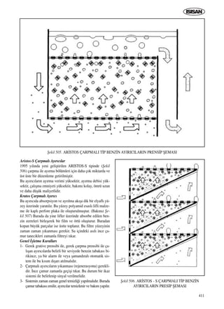 411
Aristos-S Çarpmal› Ay›r›c›lar
1995 y›l›nda yeni geliﬂtirilen ARISTOS-S tipinde (ﬁekil
506) çarpma ile ay›rma bölümleri için daha çok miktarda ve
üst üste bir düzenleme getirilmiﬂtir.
Bu ay›r›c›lar›n ay›rma verimi yüksektir, ay›rma debisi yük-
sektir, çal›ﬂma emniyeti yüksektir, bak›m› kolay, ömrü uzun
ve daha düﬂük maliyetlidir.
Kratos Çarpmal› Ay›r›c›
Bu ay›r›c›da absorpsiyon ve ayr›lma ak›ﬂa dik bir elyafl› yü-
zey üzerinde yarat›l›r. Bu yüzey polyamid esasl› lifli malze-
me ile kapl› perfore plaka ile oluﬂturulmuﬂtur. (Bak›n›z ﬁe-
kil 507) Burada da yine lifler üzerinde absorbe edilen ben-
zin zerreleri birleﬂerek bir film ve örtü oluﬂturur. Buradan
kopan büyük parçalar ise üstte toplan›r. Bu filtre yüzeyinin
zaman zaman y›kanmas› gerekir. Su içindeki as›l› ince ça-
mur tanecikleri zamanla filtreyi t›kar.
Genel ‹ﬂletme Kurallar›
1- Gerek grative prensibi ile, gerek çarpma prensibi ile ça-
l›ﬂan ay›r›c›larda belirli bir seviyede benzin tabakas› bi-
rikince, ya bir alarm ile veya ﬂamand›ral› otomatik sis-
tem ile bu k›s›m d›ﬂar› at›lmal›d›r.
2- Çarpmal› ay›r›c›lar›n y›kanmas› (rejenerasyonu) gerekli-
dir. ‹nce çamur zamanla geçiﬂi t›kar. Bu durum bir ikaz
sistemi ile belirlenip sinyal verilmelidir.
3- Sistemin zaman zaman genel temizli¤i yap›lmal›d›r. Burada
çamur tabakas› emilir, ay›r›c›lar temizlenir ve bak›m yap›l›r.
ﬁekil 505. AR‹STOS ÇARPMALI T‹P BENZ‹N AYIRICILARIN PRENS‹P ﬁEMASI
ﬁekil 506. AR‹STOS - S ÇARPMALI T‹P BENZ‹N
AYIRICILARIN PRES‹P ﬁEMASI
ICINDEKILERE DÖN
 