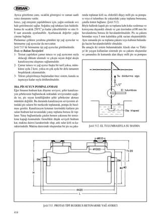 414
Ayr›ca gözetleme cam›, s›cakl›k göstergesi ve zaman saatli
›s›t›c› donan›m› vard›r.
Is›t›c›, ya¤ emiﬂinin yap›labilmesi için, ya¤›n ›s›t›larak s›v›
hale getirilmesini sa¤lar. So¤ukta ya¤ tabakas› kat› haldedir.
Is›tma ile s›cakl›k 250°C’ye kadar yükseltilebilir ve süre 0-
8 saat aras›nda ayarlanabilir. Ayarlanacak de¤erler ya¤›n
cinsine ba¤l›d›r.
Paslanmaz çelikten yeralt›na gömülen tip ya¤ ay›r›c›lar ve
betonarme ya¤ ay›r›c›lar da mevcuttur.
ﬁekil 511’de betonarme tip ya¤ ay›r›c›lar görülmektedir.
Tesis ve Bak›m Tavsiyeleri
1- Tesisat yap›l›rken çamur tutucu ve ya¤ ay›r›c›n›n suyla
dolaca¤› dikkate al›nmal› ve ç›k›ﬂta suyun do¤al ak›ﬂla
kanalizasyona ulaﬂmas› sa¤lanmal›d›r.
2- Çamur tutucu ve ya¤ ay›r›c› baﬂka bir tarif yoksa, müm-
künse ayda 2 kere, yoksa en çok ayda bir defa tamamen
boﬂalt›larak y›kanmal›d›r.
3- Tekrar çal›ﬂt›r›lmaya baﬂlamadan önce sistem, kanala su
taﬂ›ncaya kadar suyla doldurulmal›d›r.
18.6. P‹S SUYUN POMPALANMASI
E¤er binan›n bodrum kat› döﬂeme seviyesi, ﬂehir kanalizas-
yon ﬂebekesinin ba¤lan›lacak noktadaki seviyesinden aﬂa¤›-
da ise, pis suyun kendili¤inden ﬂehir ﬂebekesine akmas›
mümkün de¤ildir. Bu durumda kanalizasyon seviyesinin al-
t›ndaki pis sular›n bir merkezde toplanarak, pompa ile bas›l-
mas› gerekir. Kanalizasyon kotunun üzerindeki katlar›n pis
sular› bodrum kat tavan›ndaki yatay toplama borusu ile top-
lan›r. Yatay ba¤lant›larda çatal›n hemen yak›n›na bir temiz-
leme kapa¤› konmal›d›r. Genellikle düﬂük seviyeli bodrum
kat, makina dairesi karakterinde olup, at›k sular kirli su ka-
rakterindedir. Makina dairesinde oluﬂturulan bir pis su çuku-
runda toplanan kirli su, elektrikli düﬂey milli pis su pompa-
s› veya el tulumbas› ile yukar›daki yatay toplama borusuna,
çatalla üstten ba¤lan›r. (ﬁekil 512)
Böyle hallerde kapal› pis su toplama kab› koku s›zd›rmaz ve
korozyona dayan›kl› olmal› ve çat› üzerinden ø100 mm bir
havaland›rma borusu ile havaland›r›lmal›d›r. Pis su çukuru
betondan veya 5 mm kal›nl›kta çelik sactan oluﬂturulabilir.
Ayn› zamanda pis su toplama çukuru veya kab›n›n bulundu-
¤u hacim havaland›r›labilir olmal›d›r.
Bu amaçla iki sistem bulunmaktad›r. klasik olan ve Türki-
ye’de yayg›n kullan›lan sistemde pis su çukuru oluﬂturulur
ve ﬂamand›ra ile kumanda alan düﬂey milli pis su pompas›
ﬁekil 512. EL TULUMBASIYLA SU BASMA
ﬁekil 511. PROTAS T‹P‹ BUDERUS BETONARME YA⁄ AYIRICI
ICINDEKILERE DÖN
 