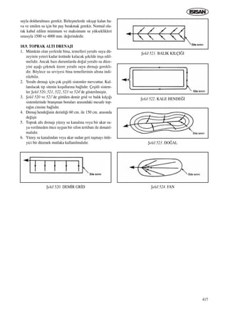 417
suyla doldurulmas› gerekir. Birleﬂmelerde s›k›ﬂ›p kalan ha-
va ve emilen su için bir pay b›rakmak gerekir. Normal ola-
rak kabul edilen minimum ve maksimum su yükseklikleri
s›ras›yla 1500 ve 4000 mm. de¤erindedir.
18.9. TOPRAK ALTI DRENAJI
1. Mümkün olan yerlerde bina, temelleri yeralt› suyu dü-
zeyinin yeteri kadar üstünde kalacak ﬂekilde inﬂa edil-
melidir. Ancak baz› durumlarda do¤al yeralt› su düze-
yini aﬂa¤› çekmek üzere yeralt› suyu drenaj› gerekli-
dir. Böylece su seviyesi bina temellerinin alt›na indi-
rilebilir.
2. Yeralt› drenaj› için çok çeﬂitli sistemler mevcuttur. Kul-
lan›lacak tip sitenin koﬂullar›na ba¤l›d›r. Çeﬂitli sistem-
ler ﬁekil 520, 521, 522, 523 ve 524’de gösterilmiﬂtir.
3. ﬁekil 520 ve 521’de görülen demir grid ve bal›k k›lç›¤›
sistemlerinde branﬂman borular› aras›ndaki mesafe top-
ra¤›n cinsine ba¤l›d›r.
4. Drenaj hende¤inin derinli¤i 60 cm. ile 150 cm. aras›nda
de¤iﬂir.
5. Toprak alt› drenaj› yüzey su kanal›na veya bir akar su-
ya verilmeden önce uygun bir sifon tertibat› ile donat›l-
mal›d›r.
6. Yüzey su kanal›ndan veya akar sudan geri taﬂmay› önle-
yici bir düzenek mutlaka kullan›lmal›d›r.
ﬁekil 520. DEM‹R GR‹D
ﬁekil 521. BALIK KILÇI⁄I
ﬁekil 522. KALE HENDE⁄‹
ﬁekil 524. FAN
ﬁekil 523. DO⁄AL
ICINDEKILERE DÖN
 