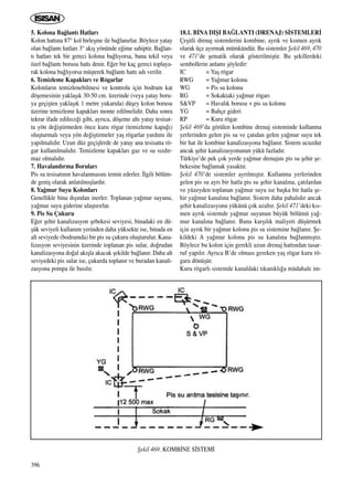 396
5. Kolona Ba¤lant› Hatlar›
Kolon hatt›na 87° kol birleﬂme ile ba¤lan›rlar. Böylece yatay
olan ba¤lant› hatlar› 3° ak›ﬂ yönünde e¤ime sahiptir. Ba¤lan-
t› hatlar› tek bir gereci kolona ba¤l›yorsa, buna tekil veya
özel ba¤lant› borusu hatt› denir. E¤er bir kaç gereci toplaya-
rak kolona ba¤l›yorsa müﬂterek ba¤lant› hatt› ad› verilir.
6. Temizleme Kapaklar› ve Rögarlar
Kolonlar›n temizlenebilmesi ve kontrolu için bodrum kat
döﬂemesinin yaklaﬂ›k 30-50 cm. üzerinde (veya yatay boru-
ya geçiﬂten yaklaﬂ›k 1 metre yukar›da) düﬂey kolon borusu
üzerine temizleme kapaklar› monte edilmelidir. Daha sonra
tekrar ifade edilece¤i gibi, ayr›ca, döﬂeme alt› yatay tesisat-
ta yön de¤iﬂtirmeden önce kuru rögar (temizleme kapa¤›)
oluﬂturmal› veya yön de¤iﬂtirmeler yaﬂ rögarlar yard›m› ile
yap›lmal›d›r. Uzun düz geçiﬂlerde de yatay ana tesisatta rö-
gar kullan›lmal›d›r. Temizleme kapaklar› gaz ve su s›zd›r-
maz olmal›d›r.
7. Havaland›rma Borular›
Pis su tesisat›n›n havalanmas›n› temin ederler. ‹lgili bölüm-
de geniﬂ olarak anlat›lm›ﬂlard›r.
8. Ya¤mur Suyu Kolonlar›
Genellikle bina d›ﬂ›ndan inerler. Toplanan ya¤mur suyunu,
ya¤mur suyu giderine ulaﬂt›r›rlar.
9. Pis Su Çukuru
E¤er ﬂehir kanalizasyon ﬂebekesi seviyesi, binadaki en dü-
ﬂük seviyeli kullan›m yerinden daha yüksekte ise, binada en
alt seviyede (bodrumda) bir pis su çukuru oluﬂturulur. Kana-
lizasyon seviyesinin üzerinde toplanan pis sular, do¤rudan
kanalizasyona do¤al ak›ﬂla akacak ﬂekilde ba¤lan›r. Daha alt
seviyedeki pis sular ise, çukurda toplan›r ve buradan kanali-
zasyona pompa ile bas›l›r.
18.1. B‹NA DIﬁI BA⁄LANTI (DRENAJ) S‹STEMLER‹
Çeﬂitli drenaj sistemlerini kombine, ayr›k ve k›smen ayr›k
olarak üçe ay›rmak mümkündür. Bu sistemler ﬁekil 469, 470
ve 471’de ﬂematik olarak gösterilmiﬂtir. Bu ﬂekillerdeki
sembollerin anlam› ﬂöyledir:
IC = Yaﬂ rögar
RWG = Ya¤mur kolonu
WG = Pis su kolonu
RG = Sokaktaki ya¤mur rögar›
S&VP = Haval›k borusu + pis su kolonu
YG = Bahçe gideri
RP = Kuru rögar
ﬁekil 469’da görülen kombine drenaj sisteminde kullanma
yerlerinden gelen pis su ve çat›dan gelen ya¤mur suyu tek
bir hat ile kombine kanalizasyona ba¤lan›r. Sistem ucuzdur
ancak ﬂehir kanalizasyonunun yükü fazlad›r.
Türkiye’de pek çok yerde ya¤mur drenaj›n› pis su ﬂehir ﬂe-
bekesine ba¤lamak yasakt›r.
ﬁekil 470’de sistemler ayr›lm›ﬂt›r. Kullanma yerlerinden
gelen pis su ayr› bir hatla pis su ﬂehir kanal›na, çat›lardan
ve yüzeyden toplanan ya¤mur suyu ise baﬂka bir hatla ﬂe-
hir ya¤mur kanal›na ba¤lan›r. Sistem daha pahal›d›r ancak
ﬂehir kanalizasyonu yükünü çok azalt›r. ﬁekil 471’deki k›s-
men ayr›k sistemde ya¤mur suyunun büyük bölümü ya¤-
mur kanal›na ba¤lan›r. Buna karﬂ›l›k maliyeti düﬂürmek
için ayr›k bir ya¤mur kolonu pis su sistemine ba¤lan›r. ﬁe-
kildeki A ya¤mur kolonu pis su kanal›na ba¤lanm›ﬂt›r.
Böylece bu kolon için gerekli uzun drenaj hatt›ndan tasar-
ruf yap›l›r. Ayr›ca B’de olmas› gereken yaﬂ rögar kuru rö-
gara dönüﬂür.
Kuru rögarl› sistemde kanaldaki t›kan›kl›¤a müdahale im-
ﬁekil 469. KOMB‹NE S‹STEM‹
ICINDEKILERE DÖN
 