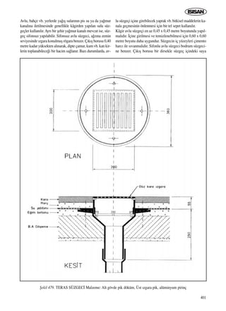 401
Avlu, bahçe vb. yerlerde ya¤›ﬂ sular›n›n pis su ya da ya¤mur
kanal›na iletilmesinde genellikle kâgirden yap›lan sulu süz-
geçler kullan›l›r.Ayr› bir ﬂehir ya¤mur kanal› mevcut ise, süz-
geç sifonsuz yap›labilir. Sifonsuz avlu süzgeci, a¤z›na zemin
seviyesinde ›zgara konulmuﬂ rögara benzer. Ç›k›ﬂ borusu 0,40
metre kadar yüksekten al›narak, dipte çamur, kum vb. kat› kir-
lerin toplanabilece¤i bir hacim sa¤lan›r. Baz› durumlarda, av-
lu süzgeçi içine girebilecek yaprak vb. bitkisel maddelerin ka-
nala geçmesinin önlenmesi için bir tel sepet kullan›l›r.
Kâgir avlu süzgeçi en az 0,45 x 0,45 metre boyutunda yap›l-
mal›d›r. ‹çine girilmesi ve temizlenebilmesi için 0,60 x 0,60
metre boyutu daha uygundur. Süzgecin iç yüzeyleri çimento
harc› ile s›vanmal›d›r. Sifonlu avlu süzgeci bodrum süzgeci-
ne benzer. Ç›k›ﬂ borusu bir dirsekle süzgeç içindeki suya
ﬁekil 479. TERAS SÜZGEC‹ Malzeme: Alt gövde pik döküm, Üst ›zgara pik, alüminyum pirinç
ICINDEKILERE DÖN
 