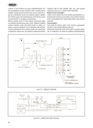 88
s›cakl›k ve nem kontrolu çok güzel yap›labilmektedir. Sis-
tem istenildi¤inde, komﬂu sistemlere zarar vermeden durdu-
rulabilir. Sisteme egzost fan› ilavesiyle, ara mevsimlerde uy-
gun d›ﬂ s›cakl›klarda, d›ﬂ hava ile so¤utma yapmas› sa¤lana-
bilir. Dönüﬂ-egzost fan› kullan›lamazsa (sabit d›ﬂ hava çal›ﬂ-
ma durumunda) bu olanaktan yararlan›lamaz.
Reheat sistemde, ﬁekil 107 hava miktar›, maksimum so¤ut-
ma yükünün karﬂ›lanmas›na göre seçilir. So¤utma yükünün
azalmas› halinde, azalan yük miktar› kadar ›s›, reheat ser-
pantin vas›tas›yla eklenerek, oda s›cakl›¤›n›n sabit tutulma-
s› temin edilmektedir. Hava miktar›, birden çok mahal olma-
s› halinde her odan›n max. hava debileri toplanarak bulunur.
So¤utma yükü ise blok yüküdür. Yani, max. yük saatinde
oluﬂan her odaya ait, o saatteki yükler toplam›d›r.
Reheat Sistem Avantajlar›:
Odada istenen ﬂartlar, hassas bir ﬂekilde gerçekleﬂtirilir. La-
boratuarlarda (yüksek egzost miktar› olan yerlerde) hastane-
lerde, ameliyathanelerde, yo¤un bak›m ünitesi olan yerlerde
kullan›l›r.
Dezavantajlar›:
Çok pahal› bir iﬂletme gideri vard›r. Konfor uygulamalar›
için baz› enerji yönetmeliklerine ayk›r›d›r.
Çift kanall› sistemlerde, (ﬁekil 108) merkezi santralde so¤utu-
lan ve ›s›t›lan hava, iki kanal ile mahallere gönderilmektedir.
ﬁekil 107. REHEAT S‹STEM‹
ﬁekil 108. SAB‹T HAVA Ç‹FT KANAL
ICINDEKILERE DÖN
 