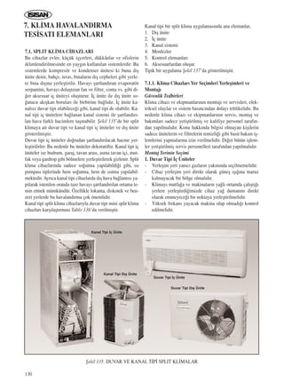 130
7.1. SPLIT KL‹MA C‹HAZLARI
Bu cihazlar evler, küçük iﬂyerleri, dükkânlar ve ofislerin
iklimlendirilmesinde en yayg›n kullan›lan sistemlerdir. Bu
sistemlerde kompresör ve kondenser ünitesi ki buna d›ﬂ
ünite denir, bahçe, teras, binalar›n d›ﬂ cepheleri gibi yerle-
re bina d›ﬂ›na yerleﬂtirilir. Havay› ﬂartland›ran evaporatör
serpantini, havay› dolaﬂt›ran fan ve filtre, conta vs. gibi di-
¤er aksesuar iç üniteyi oluﬂturur. ‹ç ünite ile d›ﬂ ünite so-
¤utucu ak›ﬂkan borular› ile birbirine ba¤l›d›r. ‹ç ünite ka-
nals›z duvar tipi olabilece¤i gibi, kanal tipi de olabilir. Ka-
nal tipi iç ünitelere ba¤lanan kanal sistemi ile ﬂartland›r›-
lan hava farkl› hacimlere taﬂ›nabilir. ﬁekil 135’de bir split
klimaya ait duvar tipi ve kanal tipi iç üniteler ve d›ﬂ ünite
gösterilmiﬂtir.
Duvar tipi iç üniteler do¤rudan ﬂartland›r›lacak hacme yer-
leﬂtirilirler. Bu nedenle bu üniteler dekoratiftir. Kanal tipi iç
üniteler ise bodrum, garaj, tavan aras›, asma tavan içi, mut-
fak veya gardrop gibi bölmelere yerleﬂtirilerek gizlenir. Split
klima cihazlar›nda sadece so¤utma yap›labildi¤i gibi, ›s›
pompas› tiplerinde hem so¤utma, hem de ›s›tma yap›labil-
mektedir. Ayr›ca kanal tipi cihazlarda d›ﬂ hava ba¤lant›s› ya-
p›larak istenilen oranda taze havay› ﬂartland›r›lan ortama te-
min etmek mümkündür. Özellikle lokanta, diskotek ve ben-
zeri yerlerde bu havaland›rma çok önemlidir.
Kanal tipi split klima cihazlar›yla duvar tipi mini split klima
cihazlar› karﬂ›laﬂt›rmas› Tablo 136’da verilmiﬂtir.
Kanal tipi bir split klima uygulamas›nda ana elemanlar,
1. D›ﬂ ünite
2. ‹ç ünite
3. Kanal sistemi
4. Menfezler
5. Kontrol elemanlar›
6. Aksesuarlardan oluﬂur.
Tipik bir uygulama ﬁekil 137’da gösterilmiﬂtir.
7.1.1. Klima Cihazlar› Yer Seçimleri Yerleﬂimleri ve
Montaj›
Güvenlik Tedbirleri
Klima cihaz› ve ekipmanlar›n›n montaj› ve servisleri, elek-
triksel olaylar ve sistem bas›nc›ndan dolay› tehlikelidir. Bu
nedenle klima cihaz› ve ekipmanlar›n›n servis, montaj ve
bak›mlar› sadece yetiﬂtirilmiﬂ ve kalifiye personel taraf›n-
dan yap›lmal›d›r. Konu hakk›nda bilgisi olmayan kiﬂilerin
sadece ünitelerin ve filtrelerin temizli¤i gibi basit bak›m iﬂ-
lemlerini yapmalar›na izin verilmelidir. Di¤er bütün iﬂlem-
ler yetiﬂtirilmiﬂ servis personelleri taraf›ndan yap›lmal›d›r.
Montaj Yerinin Seçimi
1. Duvar Tipi ‹ç Üniteler
- Yerleﬂim yeri yan›c› gazlar›n yak›n›nda seçilmemelidir.
- Cihaz yerleﬂim yeri direkt olarak güneﬂ ›ﬂ›¤›na maruz
kalmayacak bir bölge olmal›d›r.
- Klimay› mutfa¤a ve makinalar›n ya¤l› ortamda çal›ﬂt›¤›
yerlere yerleﬂtirdi¤imizde cihaz ya¤ duman›n› direkt
olarak emmeyece¤i bir noktaya yerleﬂtirilmelidir.
- Yüksek frekans yayacak makina olup olmad›¤› kontrol
edilmelidir.
7. KL‹MA HAVALANDIRMA
TES‹SATI ELEMANLARI
ﬁekil 135. DUVAR VE KANAL T‹P‹ SPLIT KL‹MALAR
Kanal Tipi D›ﬂ Ünite
Duvar Tipi D›ﬂ Ünite
Duvar Tipi ‹ç Ünite
Kanal Tipi ‹ç Ünite
ICINDEKILERE DÖN
 