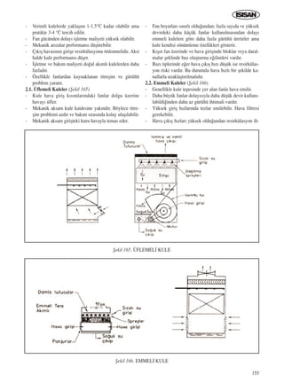 155
- Verimli kulelerde yaklaﬂ›m 1-1.5°C kadar olabilir ama
pratikte 3-4 °C tercih edilir.
- Fan gücünden dolay› iﬂletme maliyeti yüksek olabilir.
- Mekanik ar›zalar performans› düﬂürebilir.
- Ç›k›ﬂ havas›n›n giriﬂe resirkülasyonu önlenmelidir. Aksi
halde kule performans› düﬂer.
- ‹ﬂletme ve bak›m maliyeti do¤al ak›ml› kulelerden daha
fazlad›r.
- Özellikle fanlardan kaynaklanan titreﬂim ve gürültü
problem yarat›r.
2.1. Üflemeli Kuleler (ﬁekil 165)
- Kule hava giriﬂ k›s›mlar›ndaki fanlar dolgu üzerine
havay› üfler.
- Mekanik aksam kule kaidesine yak›nd›r. Böylece titre-
ﬂim problemi azd›r ve bak›m s›ras›nda kolay ulaﬂ›labilir.
- Mekanik aksam giriﬂteki kuru havayla temas eder.
- Fan boyutlar› s›n›rl› oldu¤undan; fazla say›da ve yüksek
devirdeki daha küçük fanlar kullan›lmas›ndan dolay›
emmeli kulelere göre daha fazla gürültü üretirler ama
kule kendisi sönümleme özellikleri gösterir.
- K›ﬂ›n fan üzerinde ve hava giriﬂinde bloklar veya daral-
malar ﬂeklinde buz oluﬂturma e¤ilimleri vard›r.
- Baz› tiplerinde e¤er hava ç›k›ﬂ h›z› düﬂük ise resirkülas-
yon riski vard›r. Bu durumda hava h›zl› bir ﬂekilde ka-
nallarla uzaklaﬂt›r›lmal›d›r.
2.2. Emmeli Kuleler (ﬁekil 166)
- Genellikle kule tepesinde yer alan fanla hava emilir.
- Daha büyük fanlar dolay›s›yla daha düﬂük devir kullan›-
labildi¤inden daha az gürültü ihtimali vard›r.
- Yüksek giriﬂ h›zlar›nda tozlar emilebilir. Hava filtresi
gerekebilir.
- Hava ç›k›ﬂ h›zlar› yüksek oldu¤undan resirkülasyon ih-
ﬁekil 165. ÜFLEMEL‹ KULE
ﬁekil 166. EMMEL‹ KULE
ICINDEKILERE DÖN
 