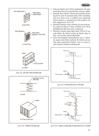 161
2. Torba tipi filtreler ﬁekil 184’de görülmektedir. Bu tipler
temizlenecek hava ile çok büyük temas yüzeyine sahiptir.
3. Otomatik döner filtreler, filtrenin giriﬂ taraf›nda bas›nca
duyarl› bir ﬂartel ile kumanda al›rlar. Filtre kirlendikçe
giriﬂ hava bas›nc› artar ve dedektör bunu alg›layarak
motoru çal›ﬂt›r›r ve yukar›dan temiz filtre gelirken, kirli
filtre aﬂa¤›da sar›l›r. (ﬁekil 185)
4. Otomatik filtrelerde yüzeyi art›rmak için çok say›da per-
fore tambur ile filtreye V formu verilebilir. ﬁekil 186’da
görüldü¤ü gibi daha fazla yüzey yarat›lm›ﬂt›r.
5. Filtrelerin verimleri tipine ba¤l› olarak %50 ile 95 ara-
s›nda de¤iﬂir. Bu filtreler normal tip filtreler olup, ön
filtre veya ana filtre olarak kullan›labilir.
6. Temiz oda tekni¤inde (ameliyathaneler, ilaç ve elektro-
nik sanayii) ultra filtreler kullan›l›r. Bu filtreler çok ince
olup, mikro organizmalar› (bakteri, virus) ve en ince ta-
neleri (duman) tutabilecek kabiliyettedir.
ﬁekil 183. HÜCRE T‹P‹ F‹LTRELER
ﬁekil 186. V ﬁEKL‹ VER‹LM‹ﬁ OTOMAT‹K RULO F‹LTRE
ﬁekil 185. OTOMAT‹K RULO F‹LTRE
ﬁekil 184. TORBA F‹LTRELER
ICINDEKILERE DÖN
 