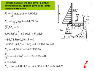 kNxF
mh
h
h
F
hhF
hFh
xhx
xFx
h
xh
M
hhgF
hhghF
p
p
p
p
p
56,65,13575,715,031,1max
5,1
03575,7027,3
3575,7109,1
003625,115,15,1635,1
05,15,0715,14
5,15,03
3
905,4
0
715,14...
2
1
1
905,4....
2
1
2
3
3
2
0
2
2
1
=+−=
=
=+−−=
+−−=
=−++
=−
++
=
==
==
∑
ρ
ρ
Tinggi muka air (h) dan gaya Fp untuk
menahan pintu apabila gaya pada pintu
adalah maksimum :
 