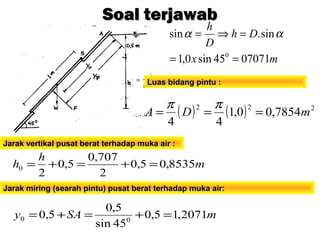 mx
Dh
D
h
0707145sin0,1
sin.sin
0
==
=⇒= αα
Soal terjawabSoal terjawab
Jarak vertikal pusat berat terhadap muka air :Jarak vertikal pusat berat terhadap muka air :
m
h
h 8535,05,0
2
707,0
5,0
2
0 =+=+=
Jarak miring (searah pintu) pusat berat terhadap muka air:Jarak miring (searah pintu) pusat berat terhadap muka air:
Luas bidang pintu :Luas bidang pintu :
( ) ( ) 222
7854,00,1
44
mDA ===
ππ
mSAy 2071,15,0
45sin
5,0
5,0 00 =+=+=
 