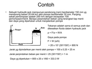 Contoh
• Sebuah hydraulik jack mempunyai pendorong (ram) berdiameter 150 mm yg
mendorong beban 20 kN krn aksi pompa berdiameter 30 mm. Panjang
sekali pemompaan adalah 250 mm dengan kecepatan 100
pemompaan/menit. Berapa perpindahan beban yang terangkat tiap menit
dan daya yang diperlukan untuk menjalankan pompa
Tekanan adalah sama di semua arah dan
dilewatkan fluida dalam hydraulic jack
p = F/a = W/A
F = W (a/A)
= 20 x 103
(302
/1502
) = 800 N
Gaya pada pompa
Jarak yg dipindahkan per menit oleh pompa = 100 x 0.25 = 25 m
Jarak perpindahan beban per menit = 25 (302
/1502
) = 1 m
Daya yg diperlukan = 800 x 25 x 1/60 = 333.3 W
 