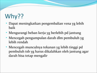 Why??
• Dapat meningkatkan pengembalian vena yg lebih

baik
• Mengurangi beban kerja yg berlebih pd jantung
• Mencegah pengumpulan darah dlm pembuluh yg
lebih rendah
• Mencegah munculnya tekanan yg lebih tinggi pd
pembuluh tsb yg harus dikalahkan oleh jantung agar
darah bisa tetap mengalir

 