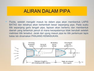 ALIRAN DALAM PIPA
 Fluida, setelah mengalir masuk ke dalam pipa akan membentuk LAPIS
BATAS dan tebalnya akan bertambah besar sepanjang pipa. Pada suatu
titik sepanjang garis tengah pipa, lapisan akan bertemu dan membentuk
daerah yang terbentuk penuh di mana kecepatannya tidak berubah setelah
melintasi titik tersebut. Jarak dari ujung masuk pipa ke titik pertemuan lapis
batas tsb dinamakan PANJANG KEMASUKAN.
 