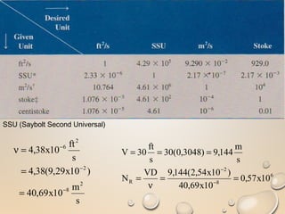 s
m
10x69,40
)10x29,9(38,4
s
ft
10x38,4
2
8
2
2
6
−
−
−
=
=
=ν
SSU (Saybolt Second Universal)
6
8
2
R 10x57,0
10x69,40
)10x54,2(144,9VD
N
s
m
144,9)3048,0(30
s
ft
30V
==
ν
=
===
−
−
 