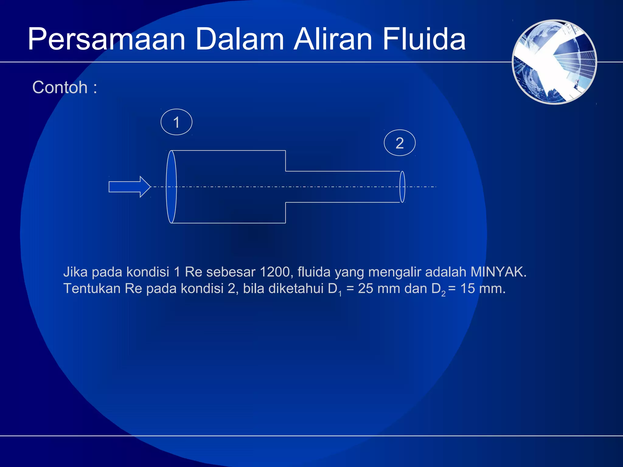 Persamaan Dalam Aliran Fluida
Contoh :
1
2
Jika pada kondisi 1 Re sebesar 1200, fluida yang mengalir adalah MINYAK.
Tentukan Re pada kondisi 2, bila diketahui D1 = 25 mm dan D2 = 15 mm.
 