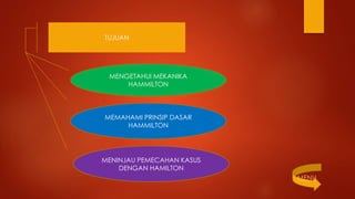 TUJUAN
MENGETAHUI MEKANIKA
HAMMILTON
MEMAHAMI PRINSIP DASAR
HAMMILTON
MENINJAU PEMECAHAN KASUS
DENGAN HAMILTON
MENU
 