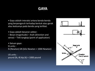 GAYA

• Gaya adalah interaksi antara benda-benda
yang berpengaruh terhadap bentuk atau gerak
atau keduanya pada benda yang terlibat.

• Gaya adalah besaran vektor:
– Besar (magnitude) – Arah (direction and
sense) – Titik tangkap (point of application)

• Satuan gaya:
SI units :
N (Newton) kN (kilo Newton = 1000 Newton)

US units :
pound (lb, #) kip (k) = 1000 pound
 