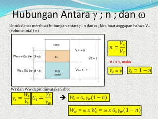 Hubungan Antara ; n ; dan
Untuk dapat membuat hubungan antara , n dan , kita buat anggapan bahwa VT
(volume total) = 1
V T = 1, maka
Ws dan Ww dapat dinyatakan sbb:

 