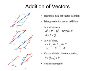 Addition of Vectors
• Trapezoid rule for vector addition
• Triangle rule for vector addition
B
B
C
C
QPR
BPQQPR
rrr
+=
−+= cos2222
• Law of cosines,
• Law of sines,
A
C
R
B
Q
A sinsinsin
==
• Vector addition is commutative,
PQQP
rrrr
+=+
• Vector subtraction
 