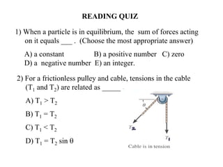 READING QUIZ
1) When a particle is in equilibrium, the sum of forces acting
on it equals ___ . (Choose the most appropriate answer)
A) a constant B) a positive number C) zero
D) a negative number E) an integer.
2) For a frictionless pulley and cable, tensions in the cable
(T1 and T2) are related as _____ .
A) T1 > T2
B) T1 = T2
C) T1 < T2
D) T1 = T2 sin θ
 