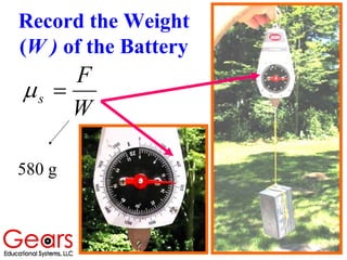 Record the Weight
(W ) of the Battery
W
F
s =µ
580 g
 