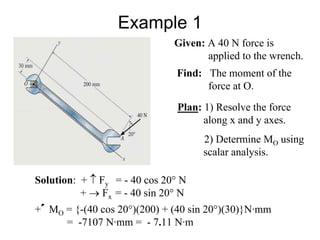 Example 1
Given: A 40 N force is
applied to the wrench.
Find: The moment of the
force at O.
Plan: 1) Resolve the force
along x and y axes.
2) Determine MO using
scalar analysis.
Solution: + ↑ Fy = - 40 cos 20° N
+ → Fx = - 40 sin 20° N
+ MO = {-(40 cos 20°)(200) + (40 sin 20°)(30)}N·mm
= -7107 N·mm = - 7.11 N·m
 