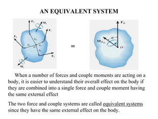 AN EQUIVALENT SYSTEM
=
When a number of forces and couple moments are acting on a
body, it is easier to understand their overall effect on the body if
they are combined into a single force and couple moment having
the same external effect
The two force and couple systems are called equivalent systems
since they have the same external effect on the body.
 