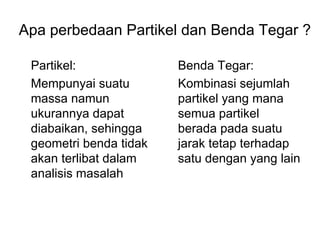 Apa perbedaan Partikel dan Benda Tegar ?
Benda Tegar:
Kombinasi sejumlah
partikel yang mana
semua partikel
berada pada suatu
jarak tetap terhadap
satu dengan yang lain
Partikel:
Mempunyai suatu
massa namun
ukurannya dapat
diabaikan, sehingga
geometri benda tidak
akan terlibat dalam
analisis masalah
 