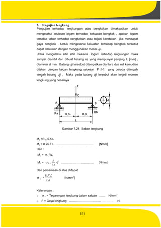 151
3. Pengujian lengkung
Pengujian terhadap lengkungan atau bengkokan dimaksudkan untuk
mengetahui keuletan logam terhadap kekuatan bengkok , apakah logam
tersebut tahan terhadap bengkokan atau terjadi keretakan jika mendapat
gaya bengkok . Untuk mengetahui kekuatan terhadap bengkok tersebut
dapat dilakukan dengan menggunakan mesin uji .
Untuk mengetahui sifat sifat mekanis logam terhadap lengkungan maka
sampel diambil dan dibuat batang uji yang mempunyai panjang L [mm] ,
diameter d mm . Batang uji tersebut ditempatkan diantara dua roll kemudian
ditekan dengan beban lengkung sebesar F [N] yang berada ditengah
tengah batang uji . Maka pada batang uji tersebut akan terjadi momen
lengkung yang besarnya :
Gambar 7.28 Beban lengkung
ML =R A.0,5.L
ML = 0,25.F.L ………………………………. [Nmm]
Dan :
ML =  L.WL
ML =  L .
32

d3
…………………………… [Nmm]
Dari persamaan di atas didapat :
 L = 3
.
..8
d
LF

[N/mm2
]
Keterangan :
o  L = Teganmgan lengkung dalam satuan …… N/mm2
o F = Gaya lengkung ………………………….. ………… N
 