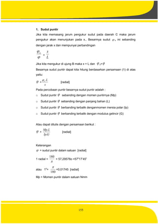 155
1. Sudut puntir
Jika kita memasang jarum pengukur sudut pada daerah C maka jarum
pengukur akan menunjukan pada x., Besarmya sudut  x ini sebanding
dengan jarak x dan mempunyai perbandingan

x
=
L
x
Jika kita mengukur di ujung B maka x = L dan  x=
Besarnya sudut puntir dapat kita hitung berdasarkan persamaan (1) di atas
yaitu:
 =
x
Lx.
[radial]
Pada percobaan puntir besarnya sudut puntir adalah :
o Sudut puntir  sebanding dengan momen puntirnya (Mp)
o Sudut puntir  sebanding dengan panjang bahan (L)
o Sudut puntir  berbanding terbalik denganmomen inersia polar (Ip)
o Sudut puntir  berbanding terbalik dengan modulus gelincir (G)
Atau dapat ditulis dengan persamaan berikut :
 =
GIp
LMp
.
.
[radial]
Keterangan
 = sudut puntir dalam satuan [radial]
1 radial =

180
= 57,29578o =57o
17’45”
atau 1o
=
180

=0,01745 [radial]
Mp = Momen puntir dalam satuan Nmm
 