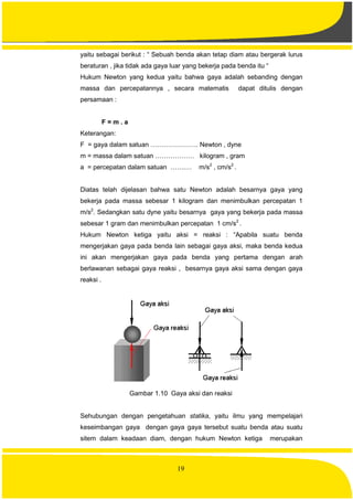 19
yaitu sebagai berikut : “ Sebuah benda akan tetap diam atau bergerak lurus
beraturan , jika tidak ada gaya luar yang bekerja pada benda itu “
Hukum Newton yang kedua yaitu bahwa gaya adalah sebanding dengan
massa dan percepatannya , secara matematis dapat ditulis dengan
persamaan :
F = m . a
Keterangan:
F = gaya dalam satuan …………………. Newton , dyne
m = massa dalam satuan ……………… kilogram , gram
a = percepatan dalam satuan …….… m/s2
, cm/s2
.
Diatas telah dijelasan bahwa satu Newton adalah besarnya gaya yang
bekerja pada massa sebesar 1 kilogram dan menimbulkan percepatan 1
m/s2
. Sedangkan satu dyne yaitu besarnya gaya yang bekerja pada massa
sebesar 1 gram dan menimbulkan percepatan 1 cm/s2
.
Hukum Newton ketiga yaitu aksi = reaksi : “Apabila suatu benda
mengerjakan gaya pada benda lain sebagai gaya aksi, maka benda kedua
ini akan mengerjakan gaya pada benda yang pertama dengan arah
berlawanan sebagai gaya reaksi , besarnya gaya aksi sama dengan gaya
reaksi .
Gambar 1.10 Gaya aksi dan reaksi
Sehubungan dengan pengetahuan statika, yaitu ilmu yang mempelajari
keseimbangan gaya dengan gaya gaya tersebut suatu benda atau suatu
sitem dalam keadaan diam, dengan hukum Newton ketiga merupakan
 