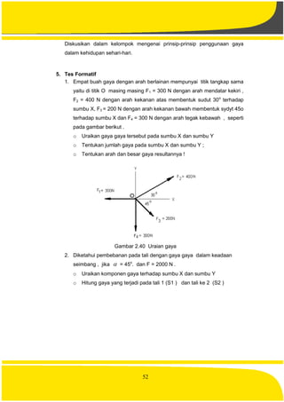 52
Diskusikan dalam kelompok mengenai prinsip-prinsip penggunaan gaya
dalam kehidupan sehari-hari.
5. Tes Formatif
1. Empat buah gaya dengan arah berlainan mempunyai titik tangkap sama
yaitu di titik O masing masing F1 = 300 N dengan arah mendatar kekiri ,
F2 = 400 N dengan arah kekanan atas membentuk sudut 30o
terhadap
sumbu X, F3 = 200 N dengan arah kekanan bawah membentuk sydyt 45o
terhadap sumbu X dan F4 = 300 N dengan arah tegak kebawah , seperti
pada gambar berikut .
o Uraikan gaya gaya tersebut pada sumbu X dan sumbu Y
o Tentukan jumlah gaya pada sumbu X dan sumbu Y ;
o Tentukan arah dan besar gaya resultannya !
Gambar 2.40 Uraian gaya
2. Diketahui pembebanan pada tali dengan gaya gaya dalam keadaan
seimbang , jika  = 45o
. dan F = 2000 N .
o Uraikan komponen gaya terhadap sumbu X dan sumbu Y
o Hitung gaya yang terjadi pada tali 1 (S1 ) dan tali ke 2 (S2 )
 
