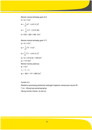 97
Momen inersia terhadap garis X-X
Ix = Iz + A.y2
.
Ix =
3
12
1
bh + (4 X 3 ) 52
.
Ix =
3
4.3
12
1
+ (12 X 25)
Ix =163 + 300 = 463 Cm4
.
Momen inersia terhadap garis Y-Y
Iy = Iz + A.x2
.
Iy = hb3
12
1
+ A.x2
.
Iy = 43
12
1 3
+ (4 X 3 ) 32
.
Iy = 9 + (12 X 9) = 108 Cm4
.
Iy = 117 Cm4
.
Momen inersia polarnya:
Ip = A.r2
.
yxp III 
Ip = 463 + 117 = 580 Cm4
.
Contoh 5.3:
Diketahui penampang berbentuk setengah lingkaran mempunyai ukuran R=
7 cm , Hitung luas penampangnya
Hitung momen Inersia (Ix dan Iz)
 