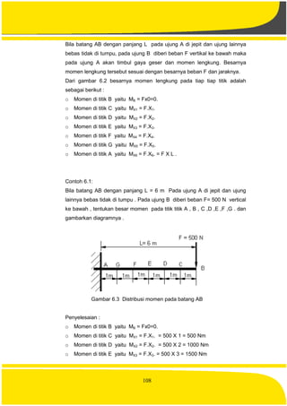 108
Bila batang AB dengan panjang L pada ujung A di jepit dan ujung lainnya
bebas tidak di tumpu, pada ujung B diberi beban F vertikal ke bawah maka
pada ujung A akan timbul gaya geser dan momen lengkung. Besarnya
momen lengkung tersebut sesuai dengan besarnya beban F dan jaraknya.
Dari gambar 6.2 besarnya momen lengkung pada tiap tiap titik adalah
sebagai berikut :
o Momen di titik B yaitu MB = Fx0=0.
o Momen di titik C yaitu MX1 = F.X1.
o Momen di titik D yaitu MX2 = F.X2.
o Momen di titik E yaitu MX3 = F.X3.
o Momen di titik F yaitu MX4 = F.X4.
o Momen di titik G yaitu MX5 = F.X5.
o Momen di titik A yaitu MX6 = F.X6. = F X L .
Contoh 6.1:
Bila batang AB dengan panjang L = 6 m Pada ujung A di jepit dan ujung
lainnya bebas tidak di tumpu . Pada ujung B diberi beban F= 500 N vertical
ke bawah , tentukan besar momen pada titik titik A , B , C ,D ,E ,F ,G . dan
gambarkan diagramnya .
Gambar 6.3 Distribusi momen pada batang AB
Penyelesaian :
o Momen di titik B yaitu MB = Fx0=0.
o Momen di titik C yaitu MX1 = F.X1. = 500 X 1 = 500 Nm
o Momen di titik D yaitu MX2 = F.X2. = 500 X 2 = 1000 Nm
o Momen di titik E yaitu MX3 = F.X3. = 500 X 3 = 1500 Nm
 