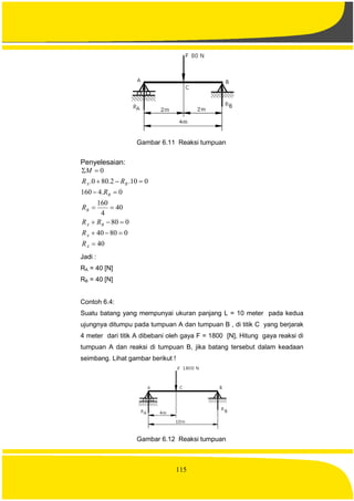 115
Gambar 6.11 Reaksi tumpuan
Penyelesaian:
40
08040
080
40
4
160
0.4160
010.2.800.
0







A
A
BA
B
B
BA
R
R
RR
R
R
RR
M
Jadi :
RA = 40 [N]
RB = 40 [N]
Contoh 6.4:
Suatu batang yang mempunyai ukuran panjang L = 10 meter pada kedua
ujungnya ditumpu pada tumpuan A dan tumpuan B , di titik C yang berjarak
4 meter dari titik A dibebani oleh gaya F = 1800 [N], Hitung gaya reaksi di
tumpuan A dan reaksi di tumpuan B, jika batang tersebut dalam keadaan
seimbang. Lihat gambar berikut !
Gambar 6.12 Reaksi tumpuan
 
