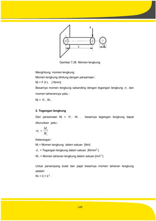 149
Gambar 7.26 Momen lengkung
Menghitung momen lengkung
Momen lengkung dihitung dengan persamaan :
Ml = F X L [ Nmm]
Besarnya momen lengkung sebanding dengan tegangan lengkung l dan
momen tahanannya yaitu :
Ml = l . Wl .
2. Tegangan lengkung
Dari persamaan Ml = l . Wl . besarnya tegangan lengkung dapat
diturunkan yaitu :
l
l
l
W
M

Keterangan :
Ml = Momen lengkung dalam satuan [Nm]
l = Tegangan lengkung dalam satuan [N/mm2
]
Wl .= Momen tahanan lengkung dalam satuan [mm3
]
Untuk penampang bulat dan pejal besarnya momen tahanan lengkung
adalah:
Wl = 0,1 d 3
.
 