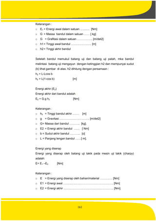 161
Keterangan :
o E1 = Energi awal dalam satuan …........ [Nm]
o G = Massa bandul dalam satuan …… [ kg]
o G = Grafitasi dalam satuan ……………. [m/det2]
o h1= Tinggi awal bandul ………………… [m]
o h2= Tinggi akhir bandul
Setelah bandul memukul batang uji dan batang uji patah, mka bandul
melintasi batang uji mengayun dengan ketinggian h2 dan mempunyai sudut
(b) lihat gambar di atas. h2 dihitung dengan persamaan :
h2 = L-Lcos b
h2 = L(1-cos b) [m]
Energi akhir (E2)
Energi akhir dari bandul adalah :
E2 = G.g h2 [Nm]
Keterangan :
o h2 = Tinggi bandul akhir ……. [m]
o g = Gravitasi …………………………. [m/det2]
o G= Massa dari bandul ……….. [kg].
o E2 = Energi akhir bandul …… [ Nm]
o b = Sudut akhir bandul ……….. [o]
o L = Panjang lengan bandul ……[ m].
Energi yang diserap
Energi yang diserap oleh batang uji takik pada mesin uji takik (charpy)
adalah:
E= E1 –E2 [Nm]
Keterangan :
o E = Energi yang diserap oleh bahan/material ……….… [Nm]
o E1 = Energi awal ……………………………………………. [Nm]
o E2 = Energi akhir ……………………………………………. [Nm].
 