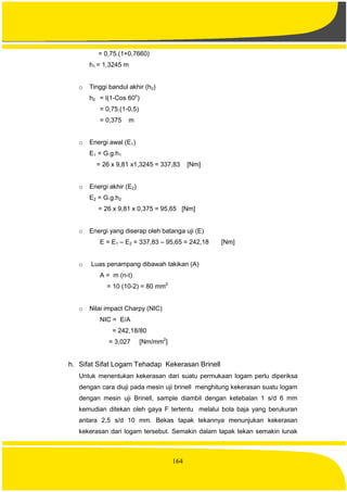 164
= 0,75.(1+0,7660)
h1 = 1,3245 m
o Tinggi bandul akhir (h2)
h2 = l(1-Cos 60o
)
= 0,75.(1-0,5)
= 0,375 m
o Energi awal (E1)
E1 = G.g.h1
= 26 x 9,81 x1,3245 = 337,83 [Nm]
o Energi akhir (E2)
E2 = G.g.h2
= 26 x 9,81 x 0,375 = 95,65 [Nm]
o Energi yang diserap oleh batanga uji (E)
E = E1 – E2 = 337,83 – 95,65 = 242,18 [Nm]
o Luas penampang dibawah takikan (A)
A = m (n-t)
= 10 (10-2) = 80 mm2
o Nilai impact Charpy (NIC)
NIC = E/A
= 242,18/80
= 3,027 [Nm/mm2
]
h. Sifat Sifat Logam Tehadap Kekerasan Brinell
Untuk menentukan kekerasan dari suatu permukaan logam perlu diperiksa
dengan cara diuji pada mesin uji brinell menghitung kekerasan suatu logam
dengan mesin uji Brinell, sample diambil dengan ketebalan 1 s/d 6 mm
kemudian ditekan oleh gaya F tertentu melalui bola baja yang berukuran
antara 2,5 s/d 10 mm. Bekas tapak tekannya menunjukan kekerasan
kekerasan dari logam tersebut. Semakin dalam tapak tekan semakin lunak
 