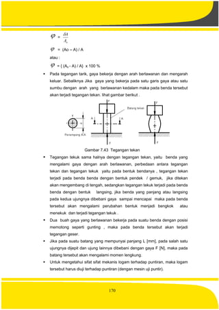 170
 =
oA
A
 = (Ao – A) / A
atau :
 = { (Ao - A) / A} x 100 %
 Pada tegangan tarik, gaya bekerja dengan arah berlawanan dan mengarah
keluar. Sebaliknya Jika gaya yang bekerja pada satu garis gaya atau satu
sumbu dengan arah yang berlawanan kedalam maka pada benda tersebut
akan terjadi tegangan tekan. lihat gambar berikut .
Gambar 7.43 Tegangan tekan
 Tegangan tekuk sama halnya dengan tegangan tekan, yaitu benda yang
mengalami gaya dengan arah berlawanan, perbedaan antara tegangan
tekan dan tegangan tekuk yaitu pada bentuk bendanya , tegangan tekan
terjadi pada benda benda dengan bentuk pendek / gemuk, jika ditekan
akan mengembang di tengah, sedangkan tegangan tekuk terjadi pada benda
benda dengan bentuk langsing, jika benda yang panjang atau langsing
pada kedua ujungnya dibebani gaya sampai mencapai maka pada benda
tersebut akan mengalami perubahan bentuk menjadi bengkok atau
menekuk dan terjadi tegangan tekuk .
 Dua buah gaya yang berlawanan bekerja pada suatu benda dengan posisi
memotong seperti gunting , maka pada benda tersebut akan terjadi
tegangan geser.
 Jika pada suatu batang yang mempunyai panjang L [mm], pada salah satu
ujungnya dijepit dan ujung lainnya dibebani dengan gaya F [N], maka pada
batang tersebut akan mengalami momen lengkung.
 Untuk mengetahui sifat sifat mekanis logam terhadap puntiran, maka logam
tersebut harus diuji terhadap puntiran (dengan mesin uji puntir).
 