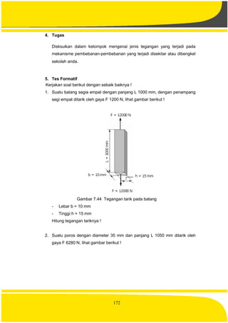 172
4. Tugas
Disksuikan dalam kelompok mengenai jenis tegangan yang terjadi pada
mekanisme pembebanan-pembebanan yang terjadi disekitar atau dibengkel
sekolah anda.
5. Tes Formatif
Kerjakan soal berikut dengan sebaik baiknya !
1. Suatu batang segia empat dengan panjang L 1000 mm, dengan penampang
segi empat ditarik oleh gaya F 1200 N, lihat gambar berikut !
Gambar 7.44 Tegangan tarik pada batang
- Lebar b = 10 mm
- Tinggi h = 15 mm
Hitung tegangan tariknya !
2. Suatu poros dengan diameter 35 mm dan panjang L 1050 mm ditarik oleh
gaya F 6280 N, lihat gambar berikut !
 