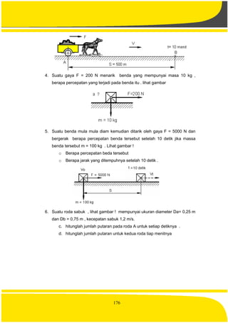 176
4. Suatu gaya F = 200 N menarik benda yang mempunyai masa 10 kg ,
berapa percepatan yang terjadi pada benda itu . lihat gambar
5. Suatu benda mula mula diam kemudian ditarik oleh gaya F = 5000 N dan
bergerak berapa percepatan benda tersebut setelah 10 detik jika massa
benda tersebut m = 100 kg . Lihat gambar !
o Berapa percepatan beda tersebut
o Berapa jarak yang ditempuhnya setelah 10 detik .
6. Suatu roda sabuk , lihat gambar ! mempunyai ukuran diameter Da= 0,25 m
dan Db = 0,75 m , kecepatan sabuk 1,2 m/s.
c. hitunglah jumlah putaran pada roda A untuk setiap detiknya .
d. hitunglah jumlah putaran untuk kedua roda tiap menitnya
 