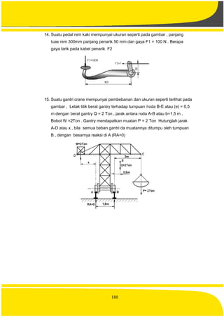 180
14. Suatu pedal rem kaki mempunyai ukuran seperti pada gambar , panjang
tuas rem 300mm panjang penarik 50 mm dan gaya F1 = 100 N . Berapa
gaya tarik pada kabel penarik F2
15. Suatu gantri crane mempunyai pembebanan dan ukuran seperti terlihat pada
gambar , Letak titik berat gantry terhadap tumpuan /roda B-E atau (e) = 0,5
m dengan berat gantry Q = 2 Ton , jarak antara roda A-B atau b=1,5 m ,
Bobot W =2Ton . Gantry mendapatkan muatan P = 2 Ton Hutunglah jarak
A-D atau x , bila semua beban gantri da muatannya ditumpu oleh tumpuan
B , dengan besarnya reaksi di A (RA=0)
 