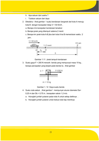 23
h. Apa satuan dari usaha ?
i. Tuliskan satuan dari daya
2. Diketahui : lihat gambar ! suatu kendaraan bergerak dari kota A menuju
kota B dengan kecepatan tetap V = 54 Km/h .
a. Berapa m/s kecepatan kendaraan tersebut
b. Berapa jarak yang ditempuh selama 2 menit
c. Berapa km jarak kota A-B jika dari kota A ke B memerlukan waktu 2
jam .
Gambar 1.11 Jarak tempuh kendaraan
3. Suatu gaya F = 200 N menarik benda yang mempunyai masa 10 kg ,
berapa percepatan yang terjadi pada benda itu . lihat gambar
Gambar 1. 12 Gaya suatu benda
4. Suatu roda sabuk , lihat gambar ! mempunyai ukuran diameter Da=
0,25 m dan Db = 0,75 m , kecepatan sabuk 1,2 m/s.
a. hitunglah jumlah putaran pada roda A untuk setiap detiknya .
b. hitunglah jumlah putaran untuk kedua roda tiap menitnya
 